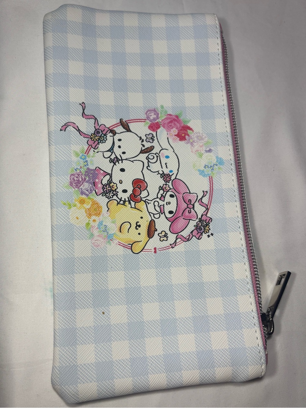New Hello Kitty Sanrio Pastel Blue Gingham Zip Wallet with Characters